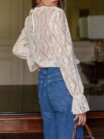 French romance Vintage floral lace ruffle frill blouse: White / S/M