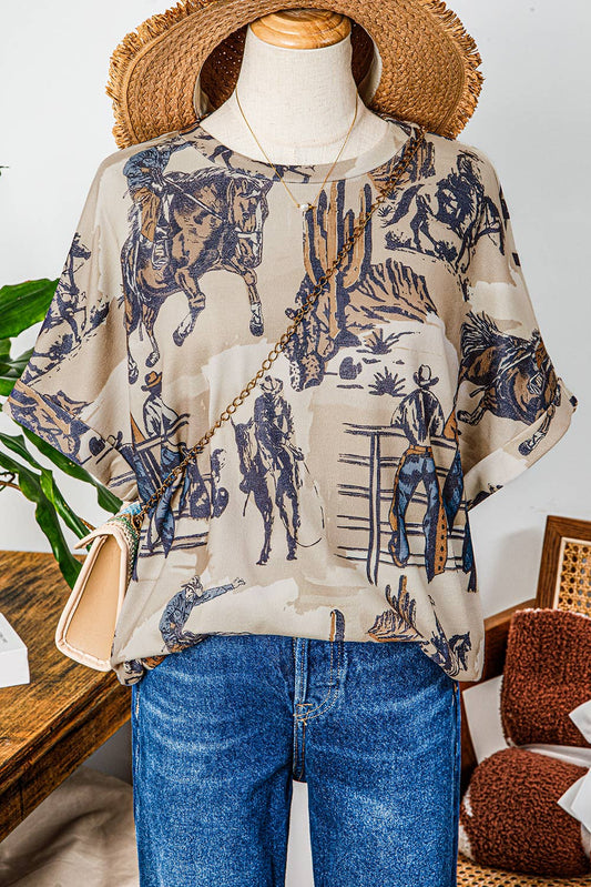Western Cowboy Print Cuffed Sleeve T Shirt