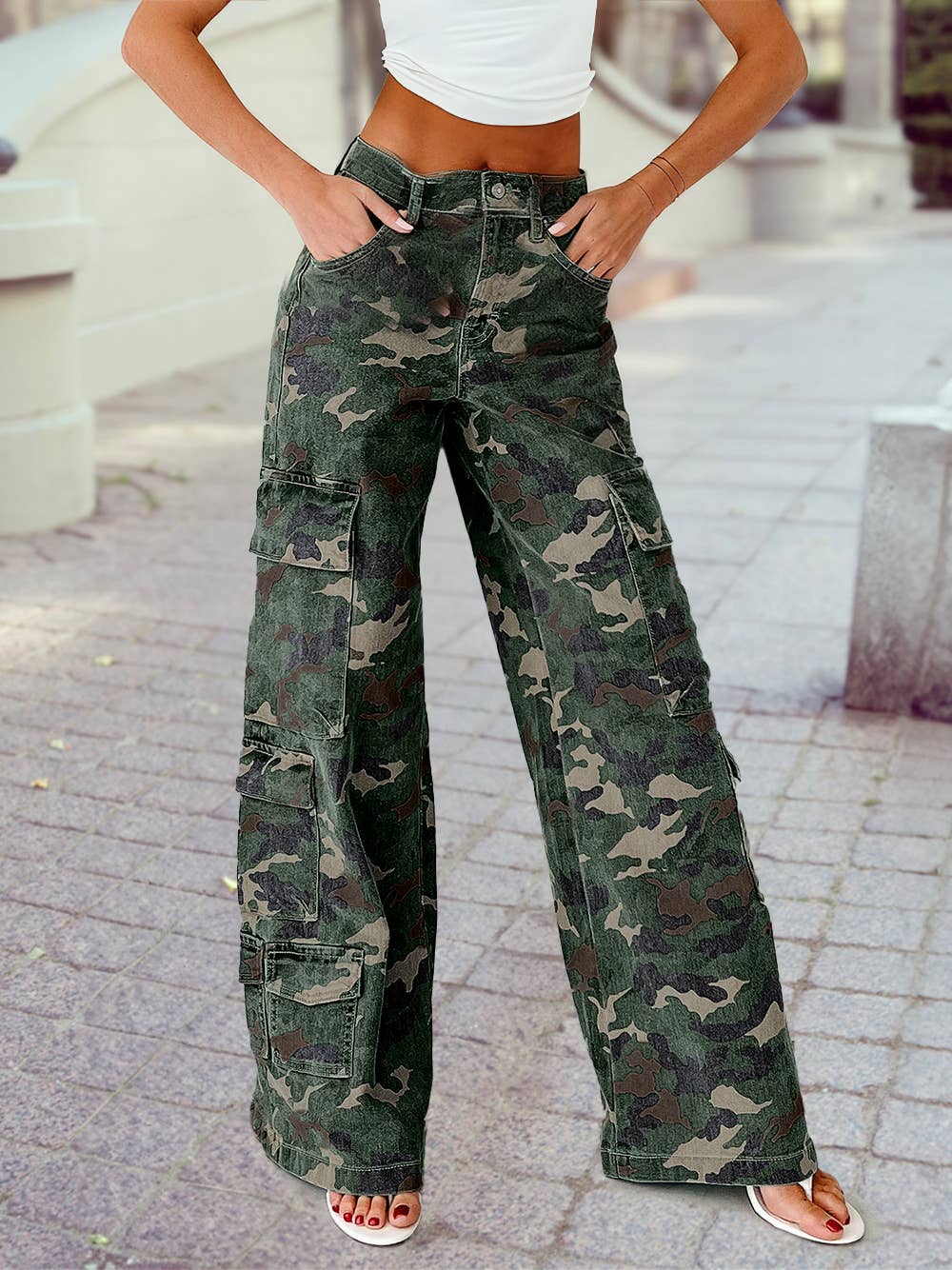 2025 Fall Camo Denim Cargo Wide Leg Pants: Green / 4