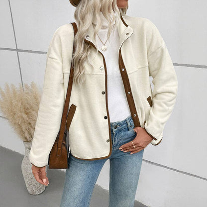 Contrast Trim Fleece Jacket Women Stand Collar Short Coat