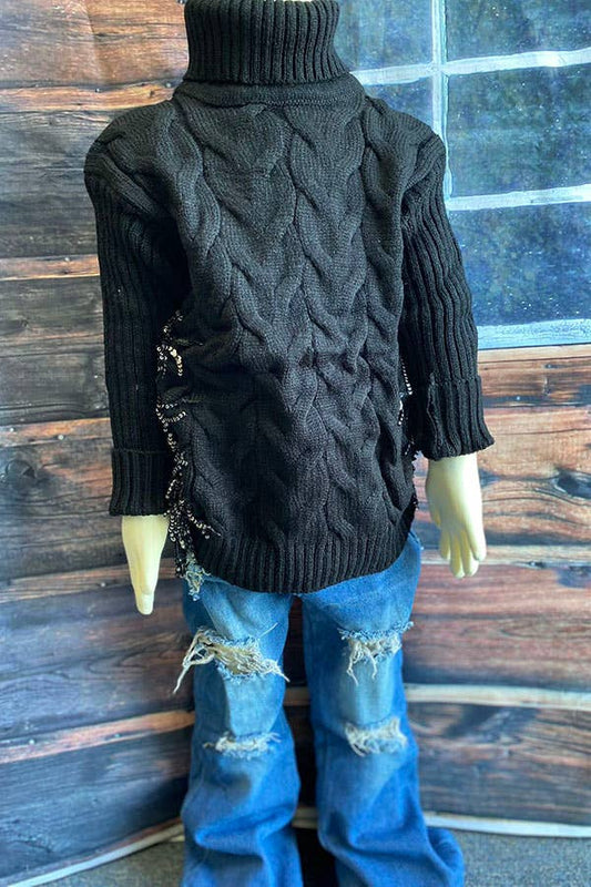 Black Fringe Girls Knit Sweater