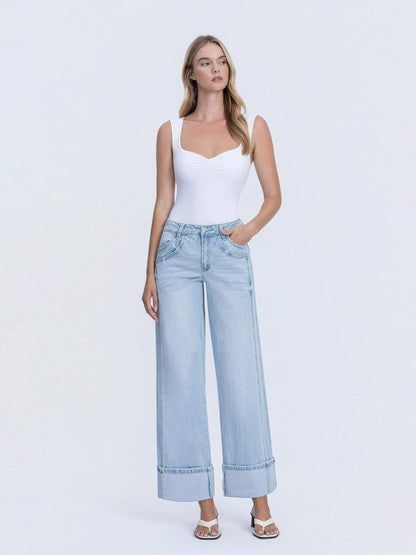 SUPER HIGH RISE LIGHT WASH CUFFED BAGGY WIDE JEANS