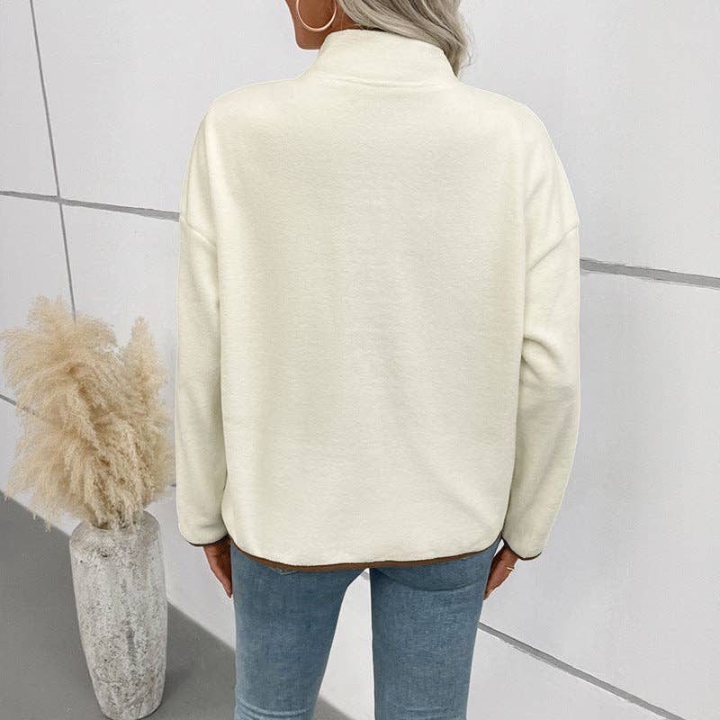 Contrast Trim Fleece Jacket Women Stand Collar Short Coat