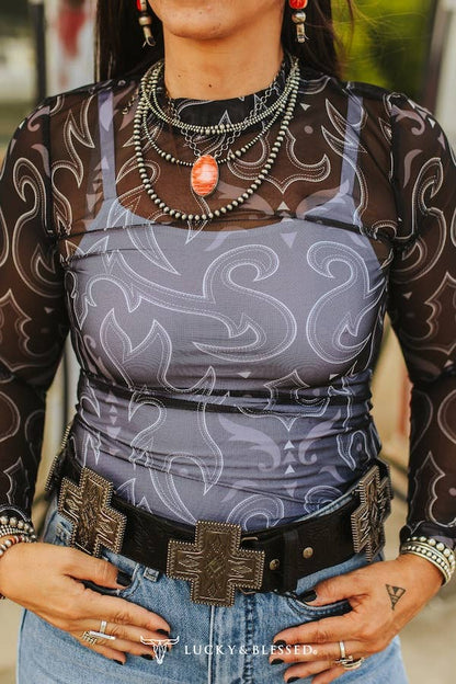 Black Boot Stitch Mesh Printed Top