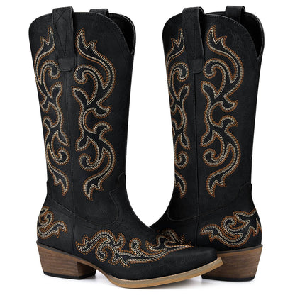 Women's Cowgirl Embroidered Boots: Black