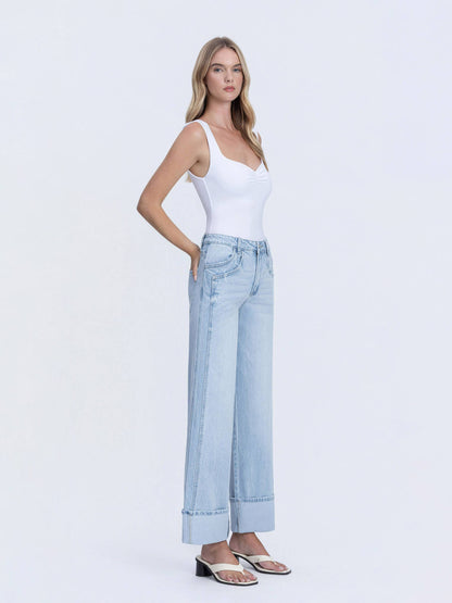 SUPER HIGH RISE LIGHT WASH CUFFED BAGGY WIDE JEANS