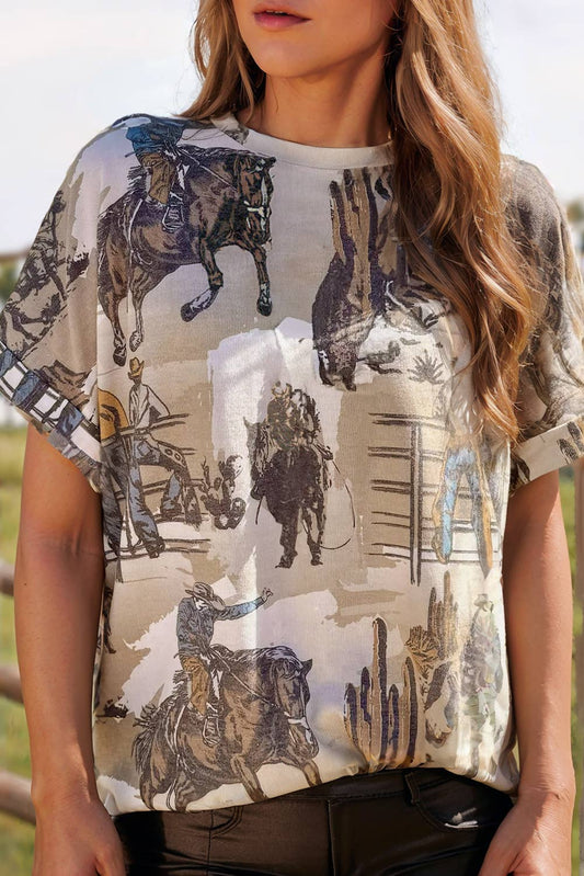 Western Cowboy Print Cuffed Sleeve T Shirt