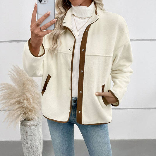 Contrast Trim Fleece Jacket Women Stand Collar Short Coat