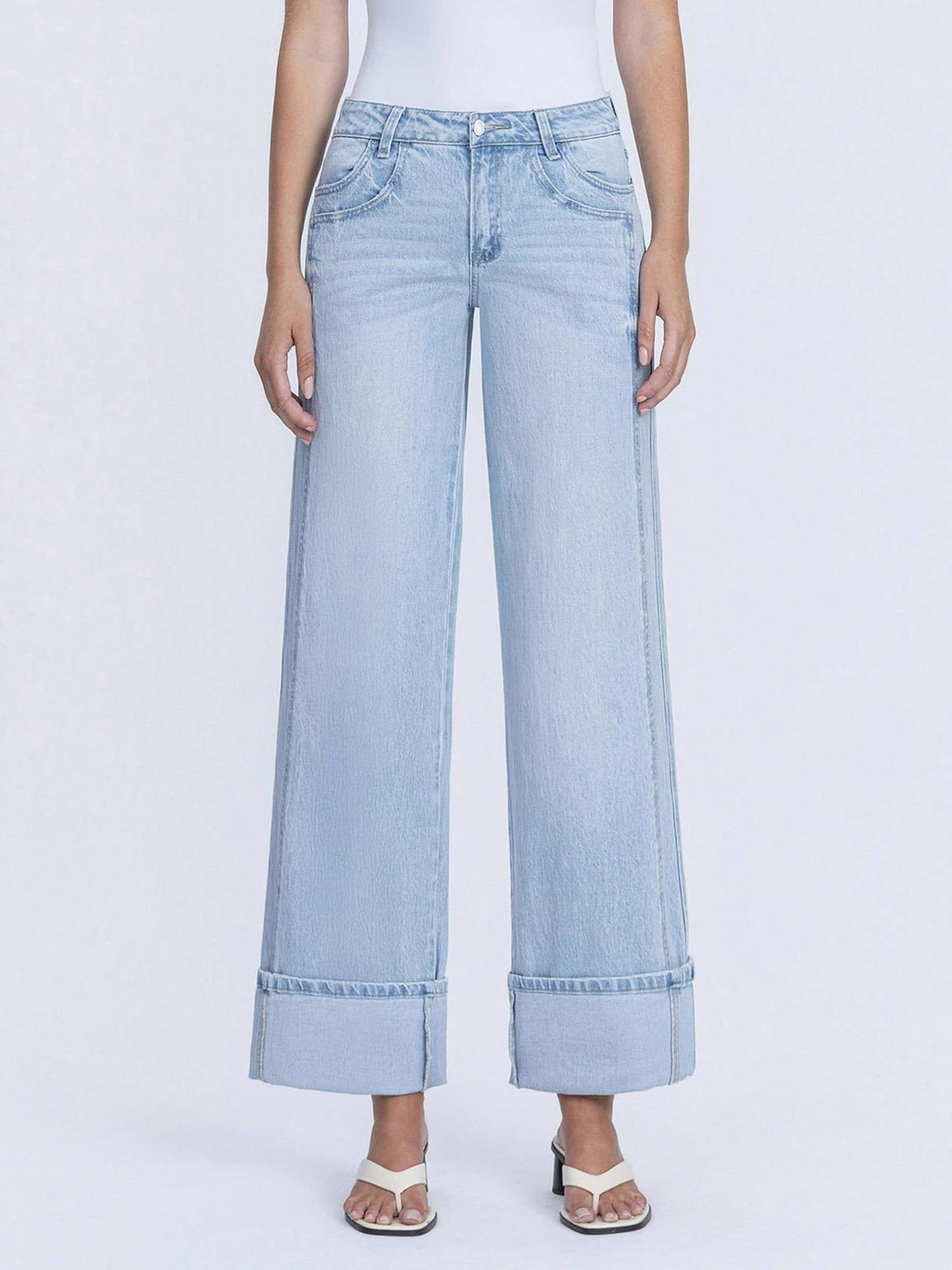 SUPER HIGH RISE LIGHT WASH CUFFED BAGGY WIDE JEANS