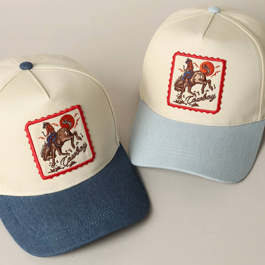 Detailed Cowboy Horse Embroidery Patch Denim Cap: LIGHT DENIM / ONE SIZE