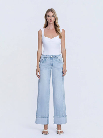 SUPER HIGH RISE LIGHT WASH CUFFED BAGGY WIDE JEANS