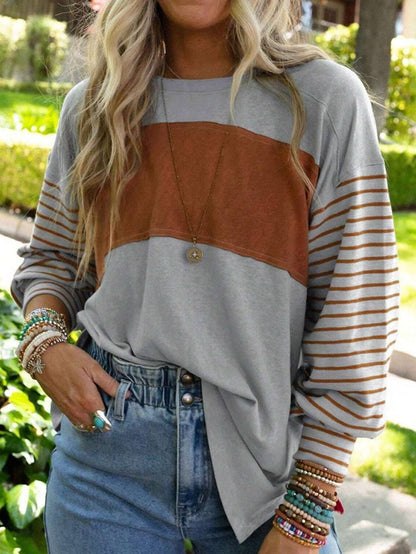 Round-Neck Striped Contrasting Long-Sleeved Top