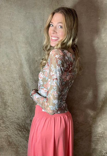 Floral Mesh Long Sleeve Top: Green