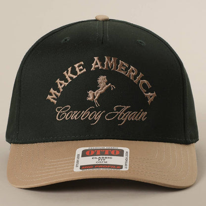 MAKE AMERICA COWBOY AGAIN Embroidered Trucker Hat: KHA/DKGRN / One Size