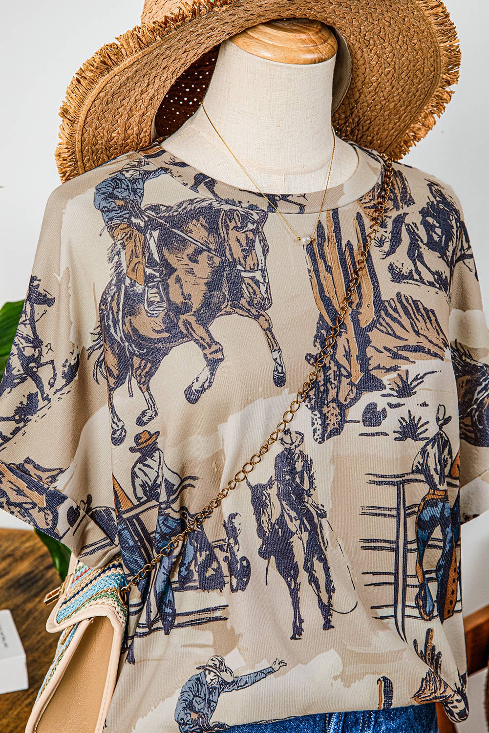 Western Cowboy Print Cuffed Sleeve T Shirt