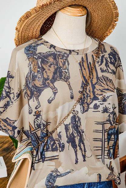Western Cowboy Print Cuffed Sleeve T Shirt