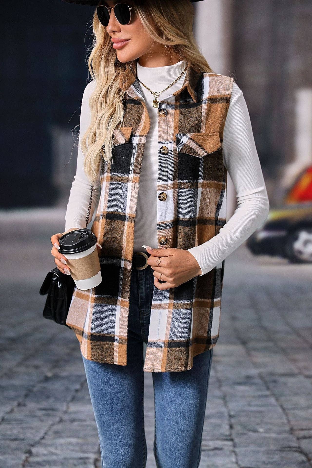 Plaid Shacket Vest with Pockets