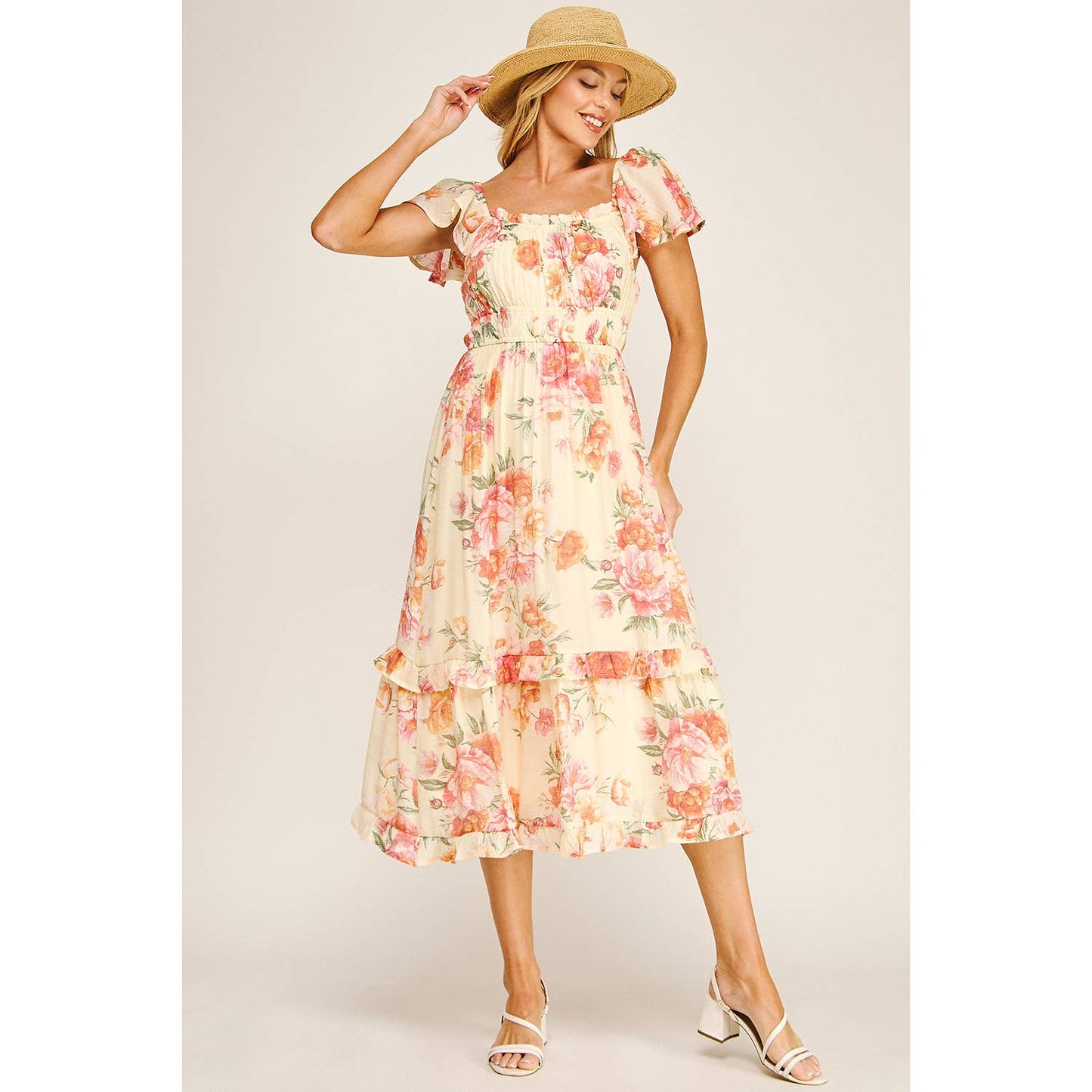 FLUTTER SLEEVE FLORAL TIERED DRESS