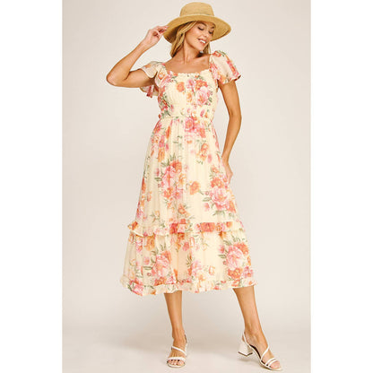 FLUTTER SLEEVE FLORAL TIERED DRESS