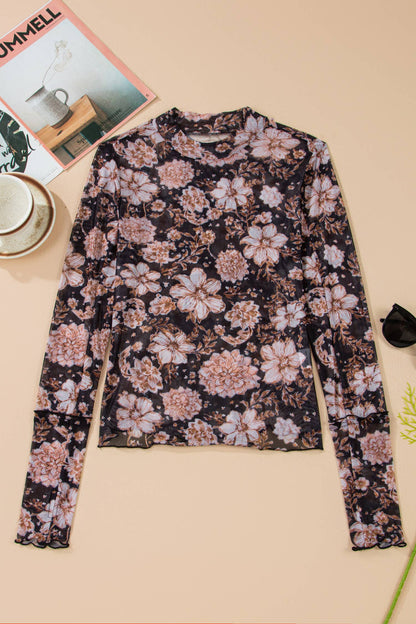Botanical Mesh Mock Neck Long Sleeve Top