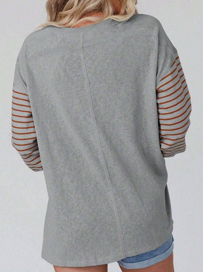 Round-Neck Striped Contrasting Long-Sleeved Top