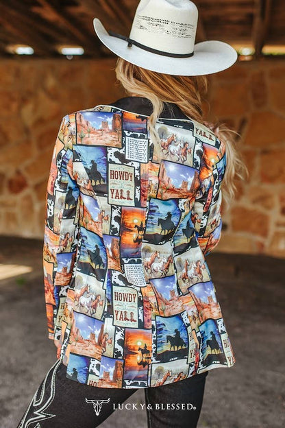 Western Collage Ivory Piping Button Blazer