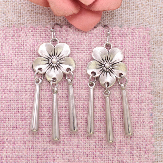 Spring Rain Silver Flower Drops Earrings