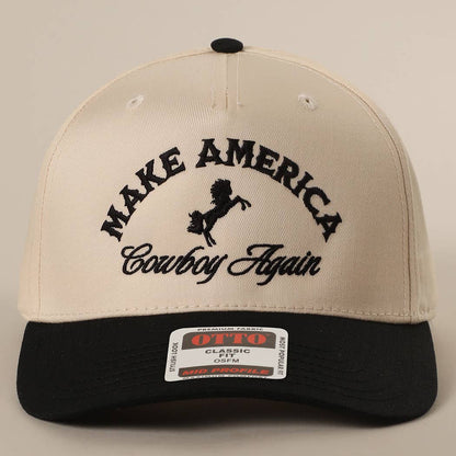 MAKE AMERICA COWBOY AGAIN Embroidered Trucker Hat: KHA/DKGRN / One Size
