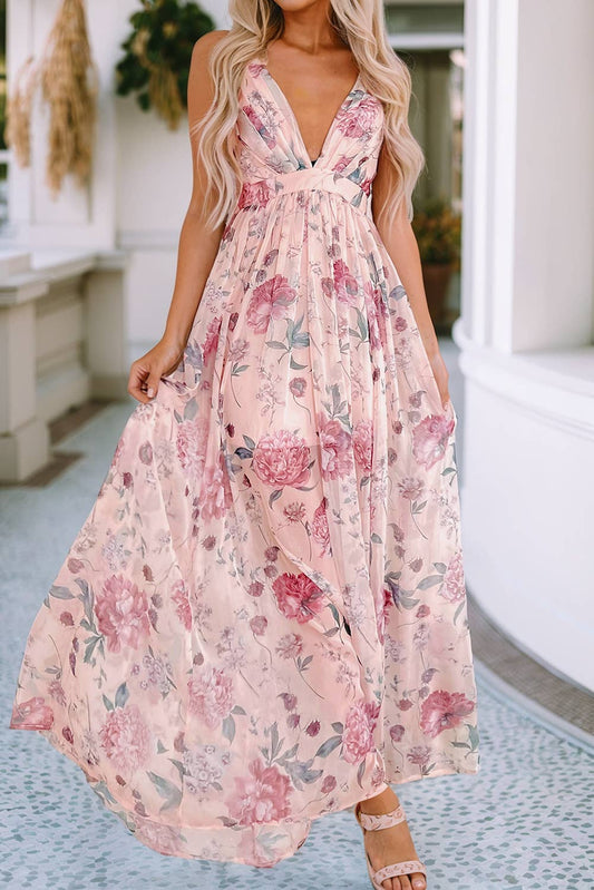 Floral Pleated Bust Deep V Empire Waist Backless Dress