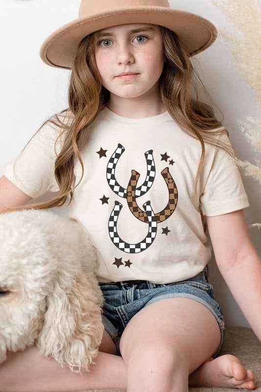 Western Checkered Horseshoes Kids Graphic Tee