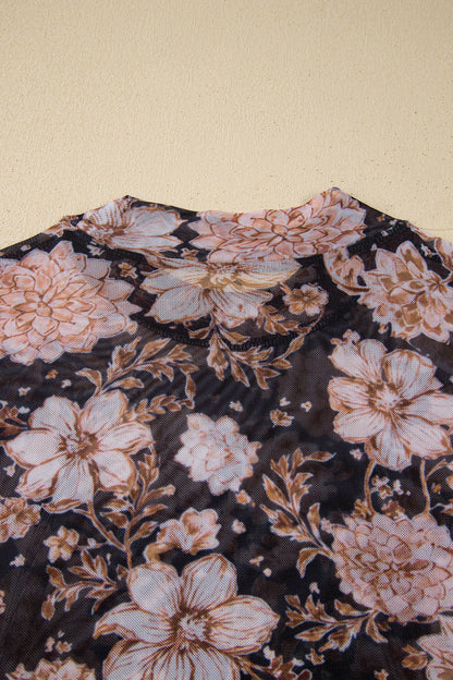 Botanical Mesh Mock Neck Long Sleeve Top