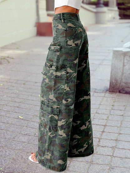 2025 Fall Camo Denim Cargo Wide Leg Pants: Green / 4