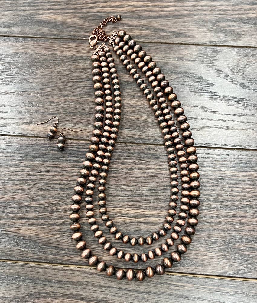 731151, Handmade 24" Copper Navajo Necklace Earrings Set