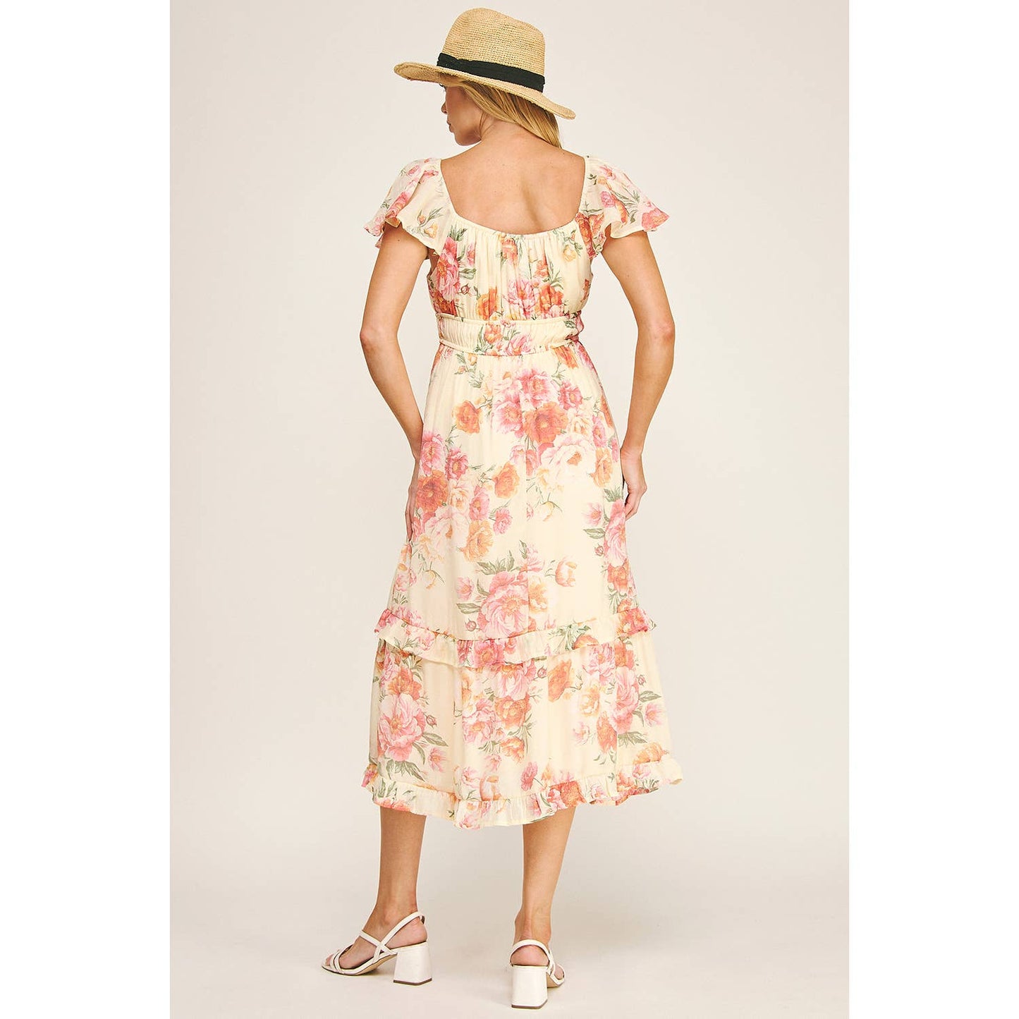 FLUTTER SLEEVE FLORAL TIERED DRESS