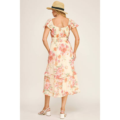 FLUTTER SLEEVE FLORAL TIERED DRESS