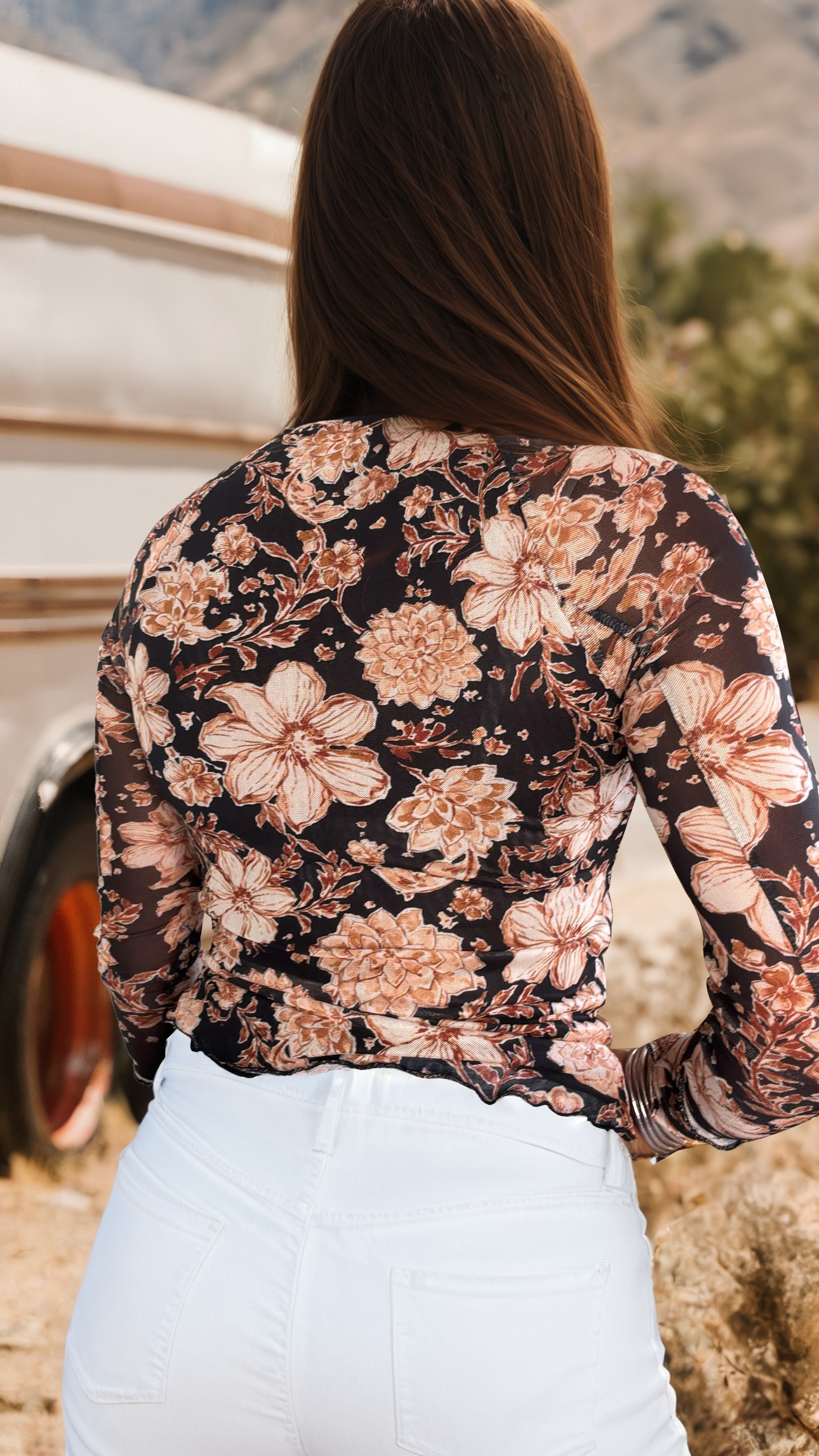 Fashion Floral Print Mesh Mock Neck Long Sleeve Top: Black / S