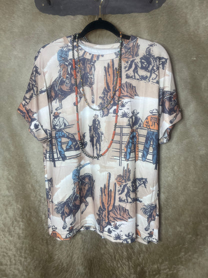 Western Cowboy Print Cuffed Sleeve T Shirt