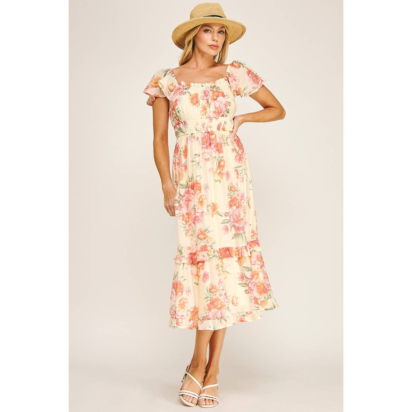 FLUTTER SLEEVE FLORAL TIERED DRESS