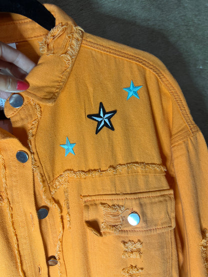 Orange Coors Cowboy Distressed Denim Jacket
