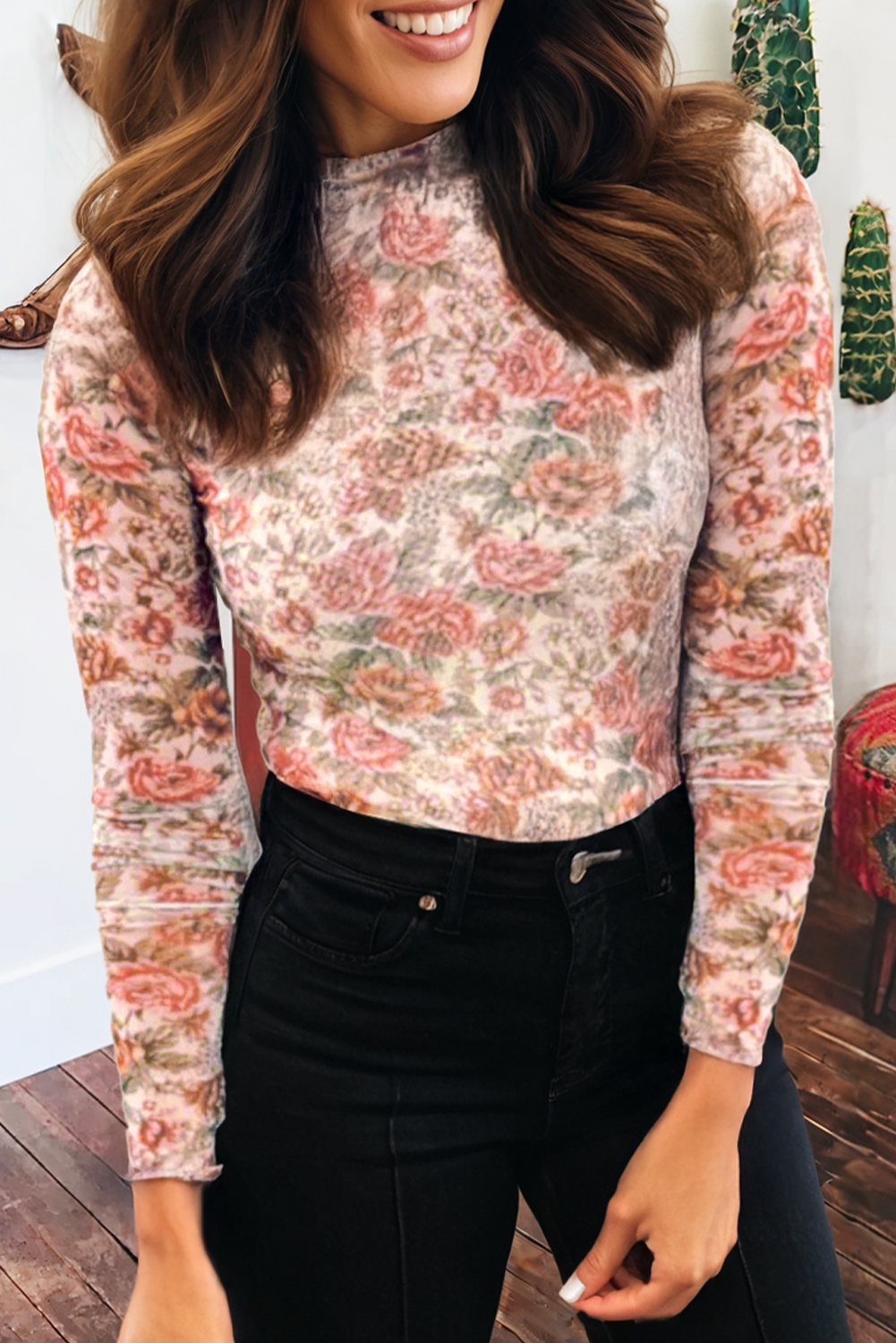 Retro Floral Print Mesh Long Sleeve Top