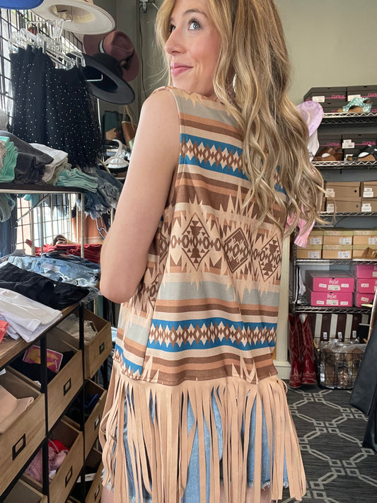 Blue Aztec Fringe Vest