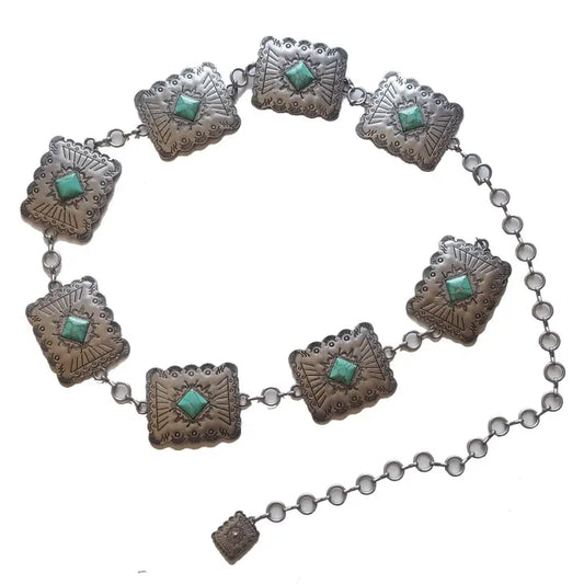 Western Silver Rectangular Concho Chain Belt with Stones