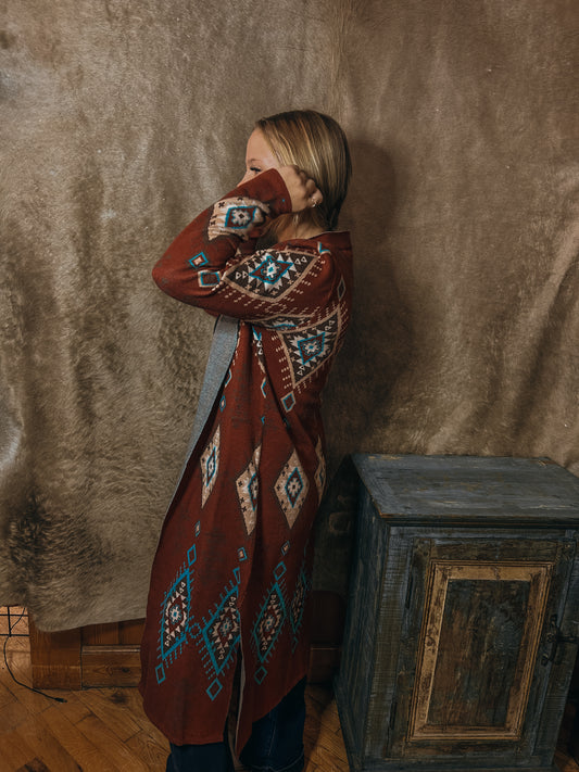 Long Aztec Wine Cardigan