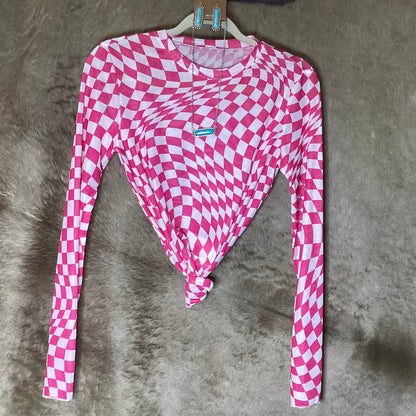 Checkered Pattern Mesh Mock Neck Long Sleeve Top: Rose