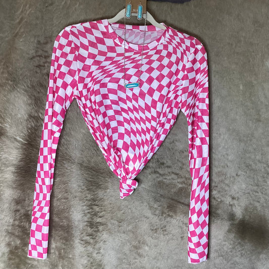Checkered Pattern Mesh Mock Neck Long Sleeve Top: Rose