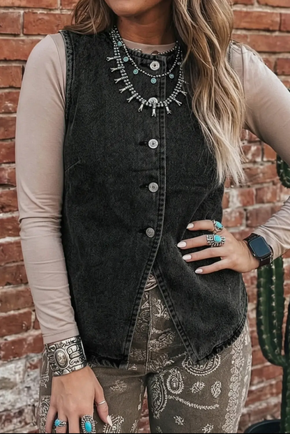 Western Buttoned Front Slit Denim Vest