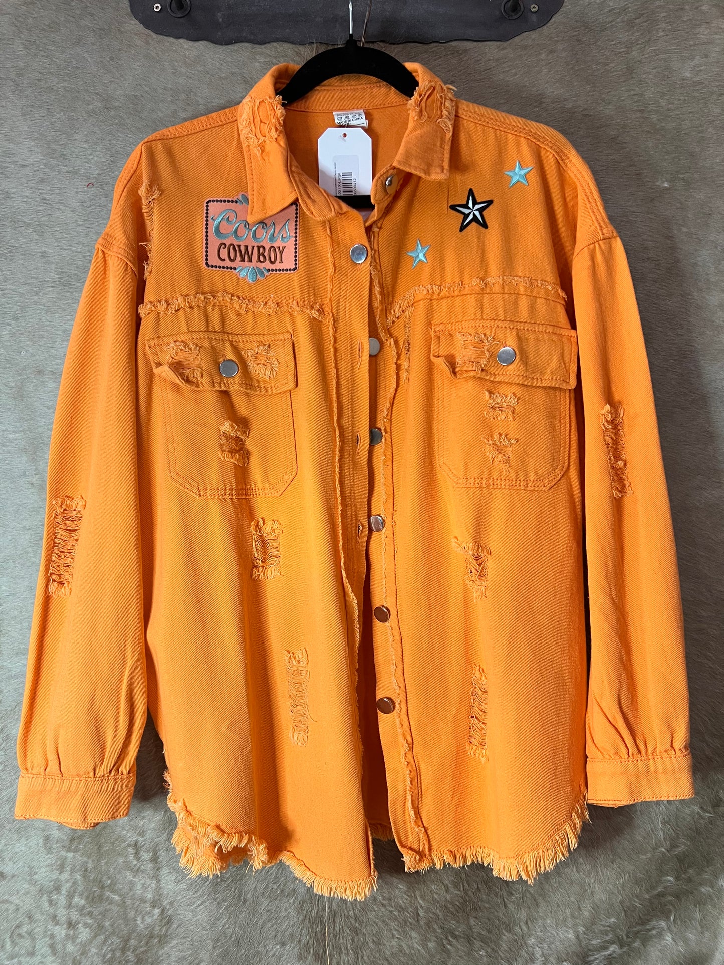 Orange Coors Cowboy Distressed Denim Jacket