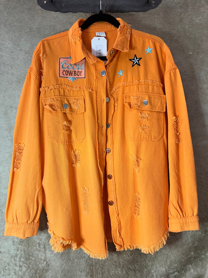 Orange Coors Cowboy Distressed Denim Jacket