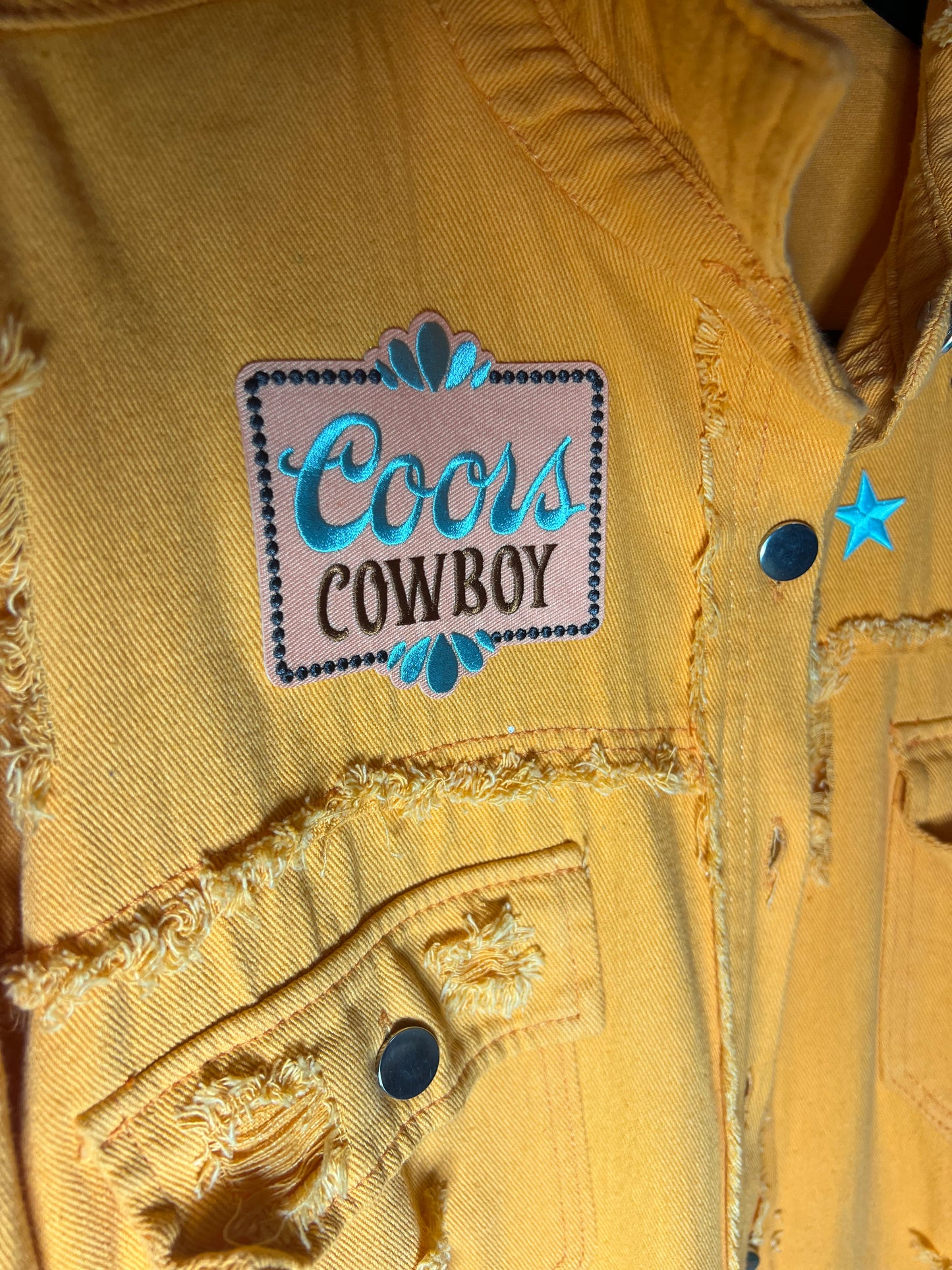 Orange Coors Cowboy Distressed Denim Jacket