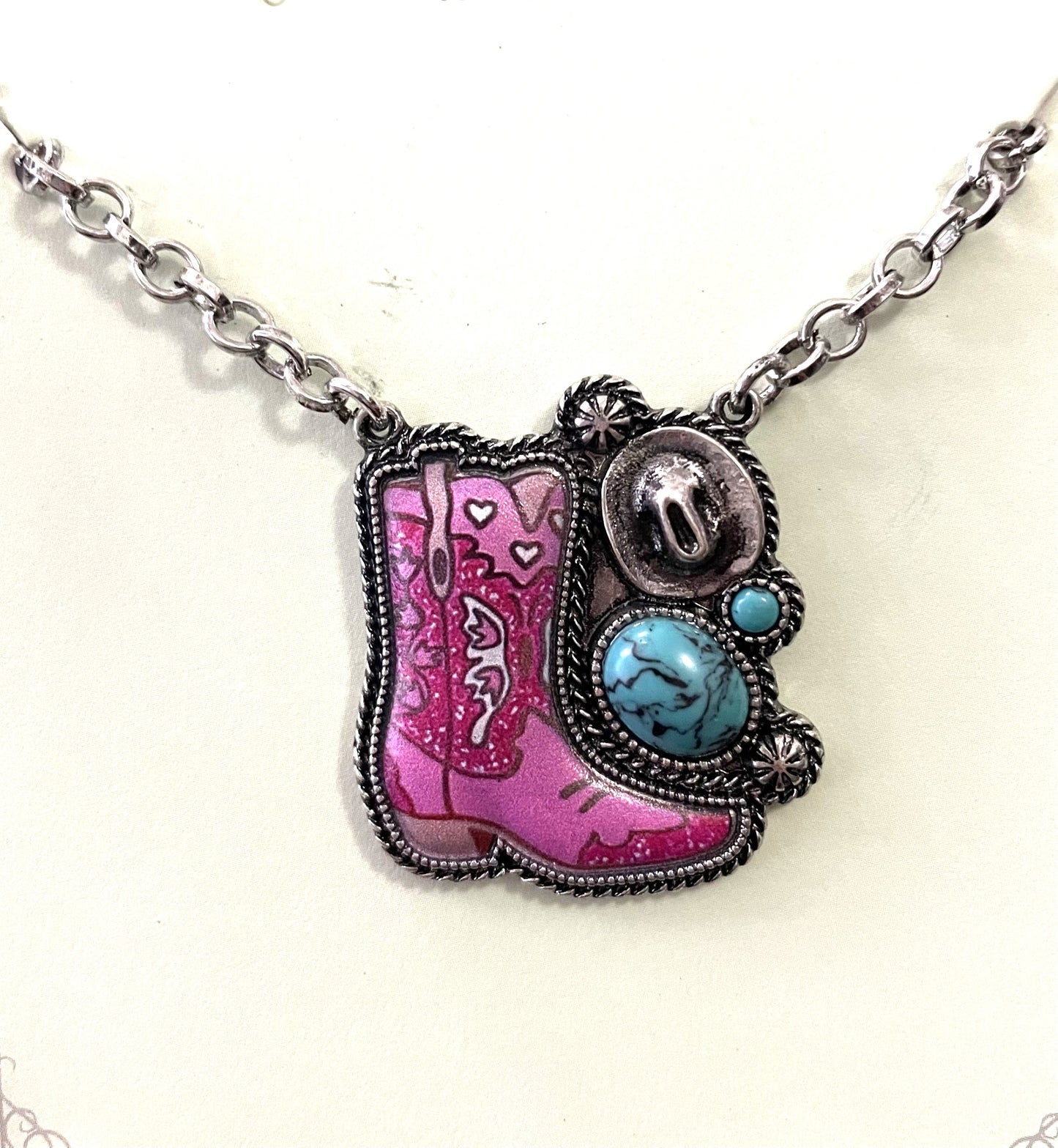Pink & Turquoise Cowgirl Boots Necklace